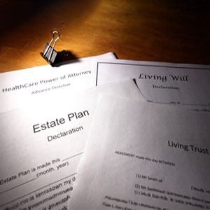 Estate planning documents for Texas seniors, featuring HealthCare Power of Attorney, Living Will, and Estate Plan